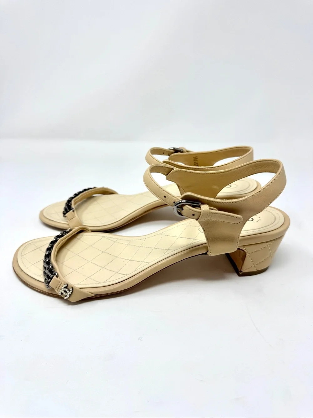 Chanel Nude Tan Beige Chain and Pearl Ankle Strap Quilted Heeled Sandals